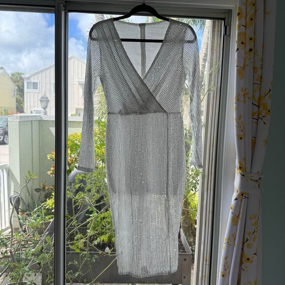 White Sequin Long Sleeve Dress Small V Neck Wrap Party Holiday Cocktail Glam - Picture 9 of 15